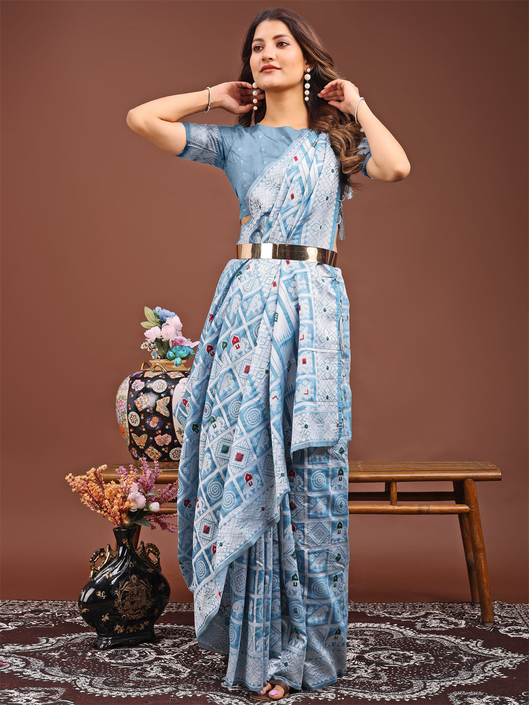 Sky Blue Colour Linen Cotton Printed Work Saree With Blouse Piece