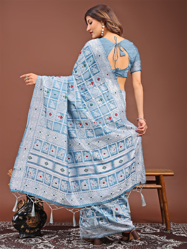 Sky Blue Colour Linen Cotton Printed Work Saree With Blouse Piece