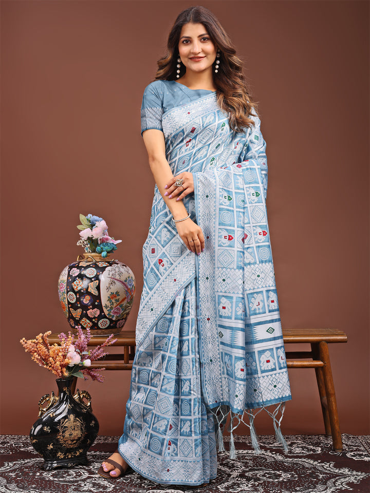 Sky Blue Colour Linen Cotton Printed Work Saree With Blouse Piece