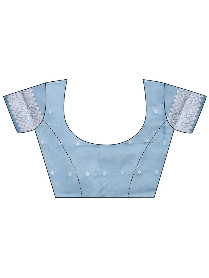 Sky Blue Colour Linen Cotton Printed Work Saree With Blouse Piece