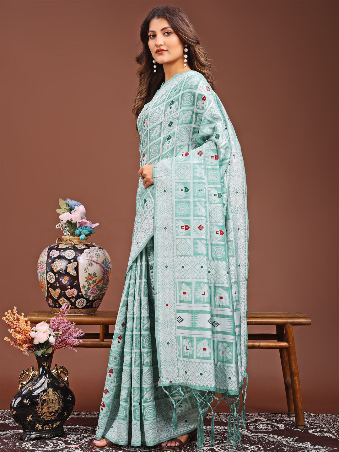 Sea Green Colour Linen Cotton Printed Work Saree With Blouse Piece