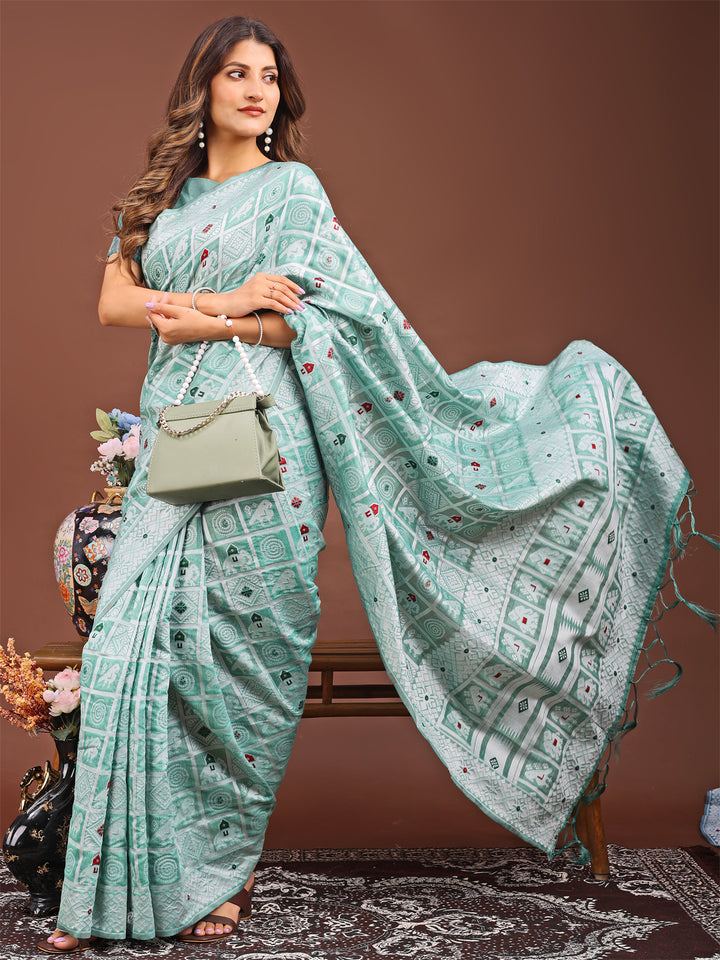 Sea Green Colour Linen Cotton Printed Work Saree With Blouse Piece