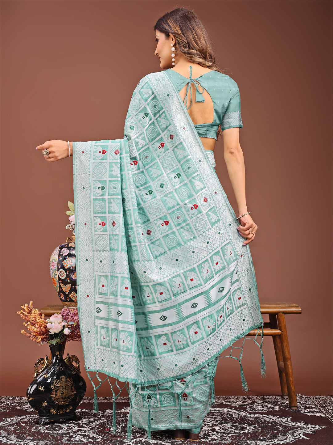 Sea Green Colour Linen Cotton Printed Work Saree With Blouse Piece
