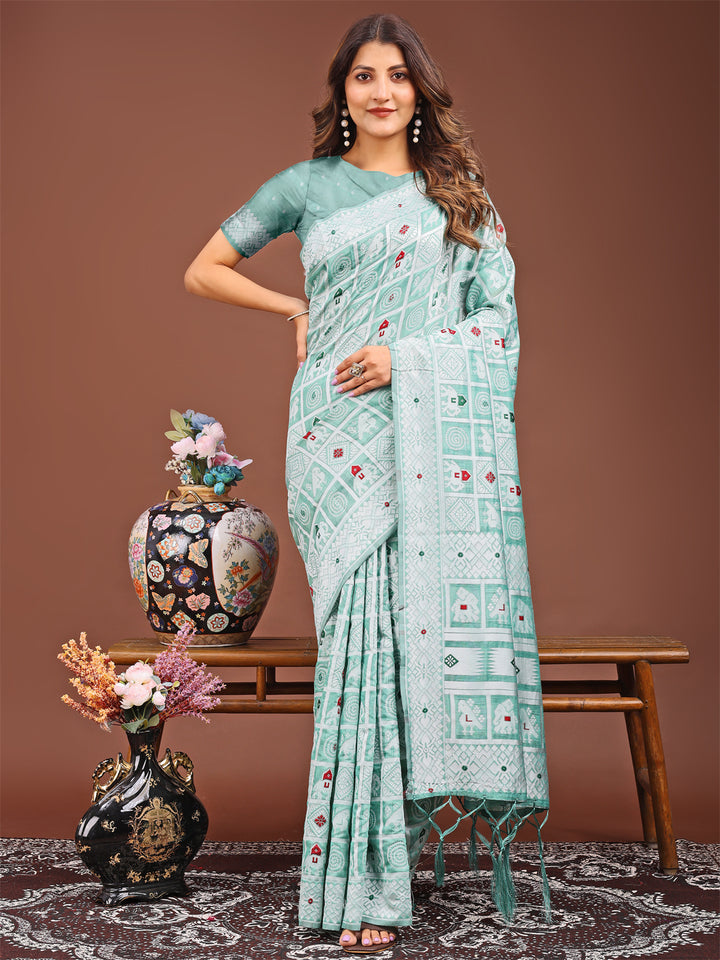 Sea Green Colour Linen Cotton Printed Work Saree With Blouse Piece