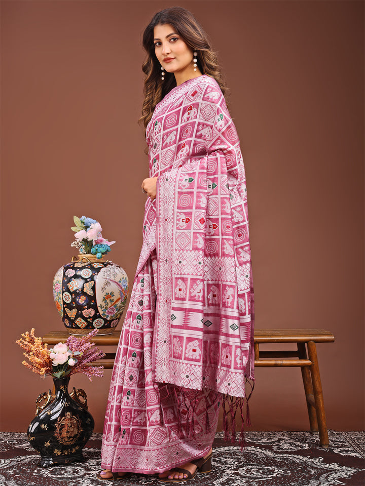 Pink Colour Linen Cotton Printed Work Saree With Blouse Piece
