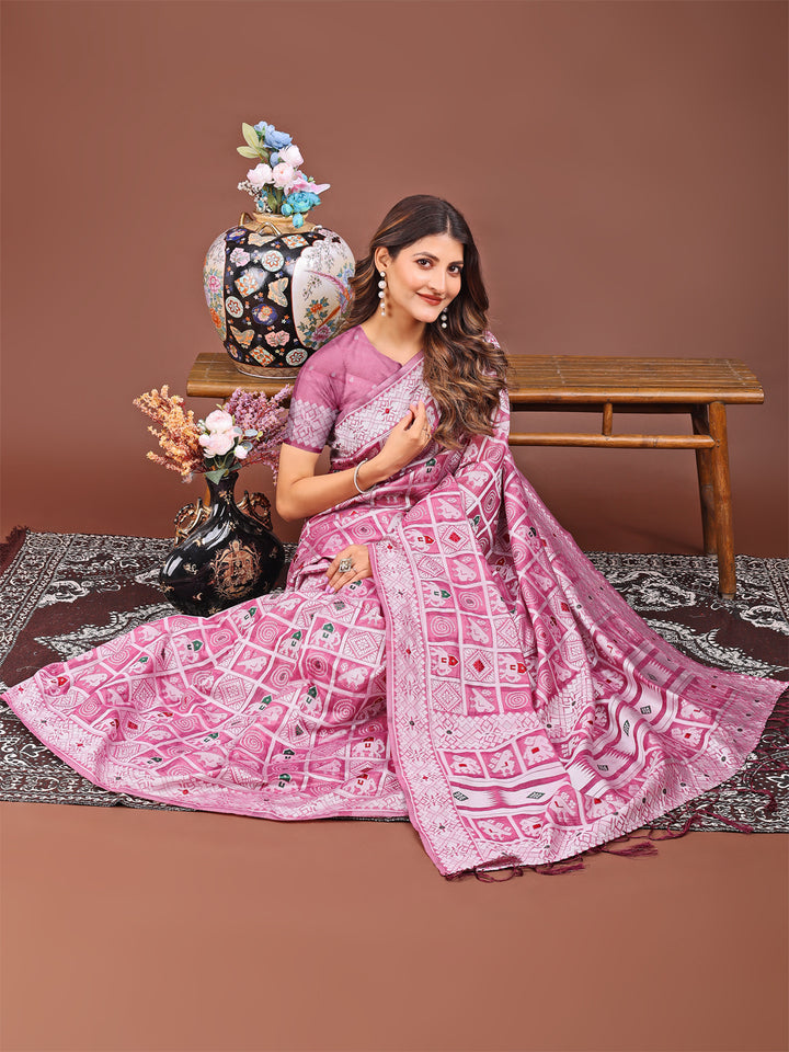 Pink Colour Linen Cotton Printed Work Saree With Blouse Piece