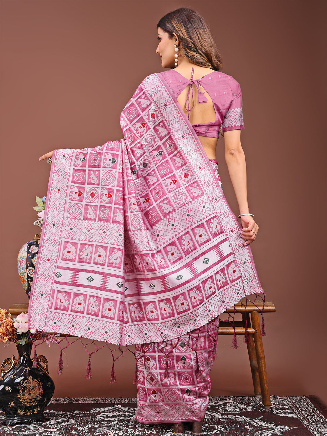 Pink Colour Linen Cotton Printed Work Saree With Blouse Piece