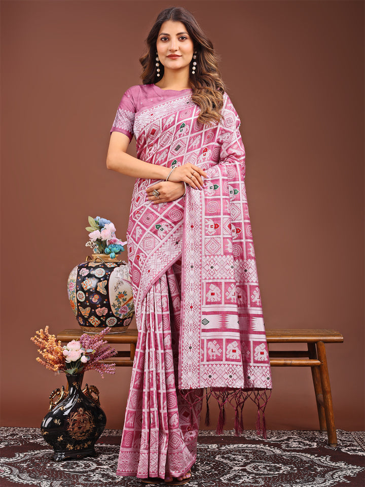 Pink Colour Linen Cotton Printed Work Saree With Blouse Piece