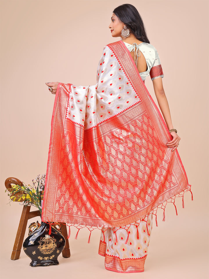 White Colour Banarasi Silk Saree Weaving Work With Blouse Piece