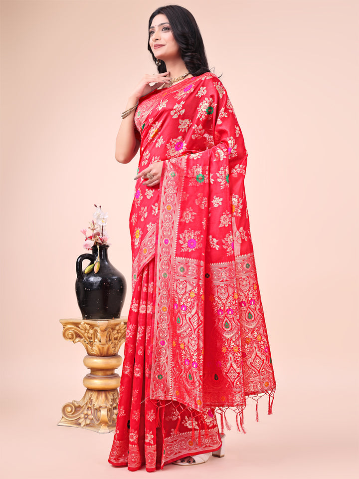 Red Colour Banarasi Silk Saree Weaving Work With Blouse Piece