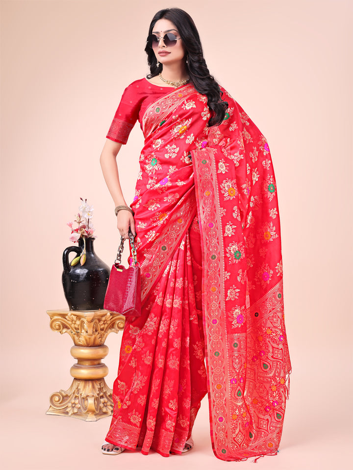 Red Colour Banarasi Silk Saree Weaving Work With Blouse Piece