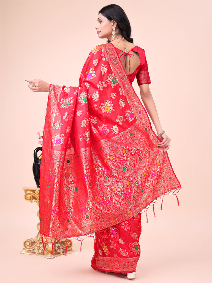 Red Colour Banarasi Silk Saree Weaving Work With Blouse Piece