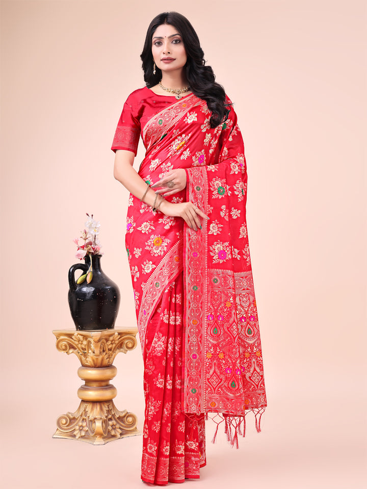 Red Colour Banarasi Silk Saree Weaving Work With Blouse Piece