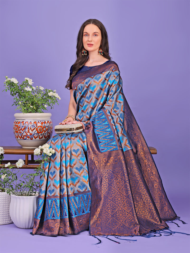 Blue Colour Lichi Silk Saree Weaving Work With Blouse Piece