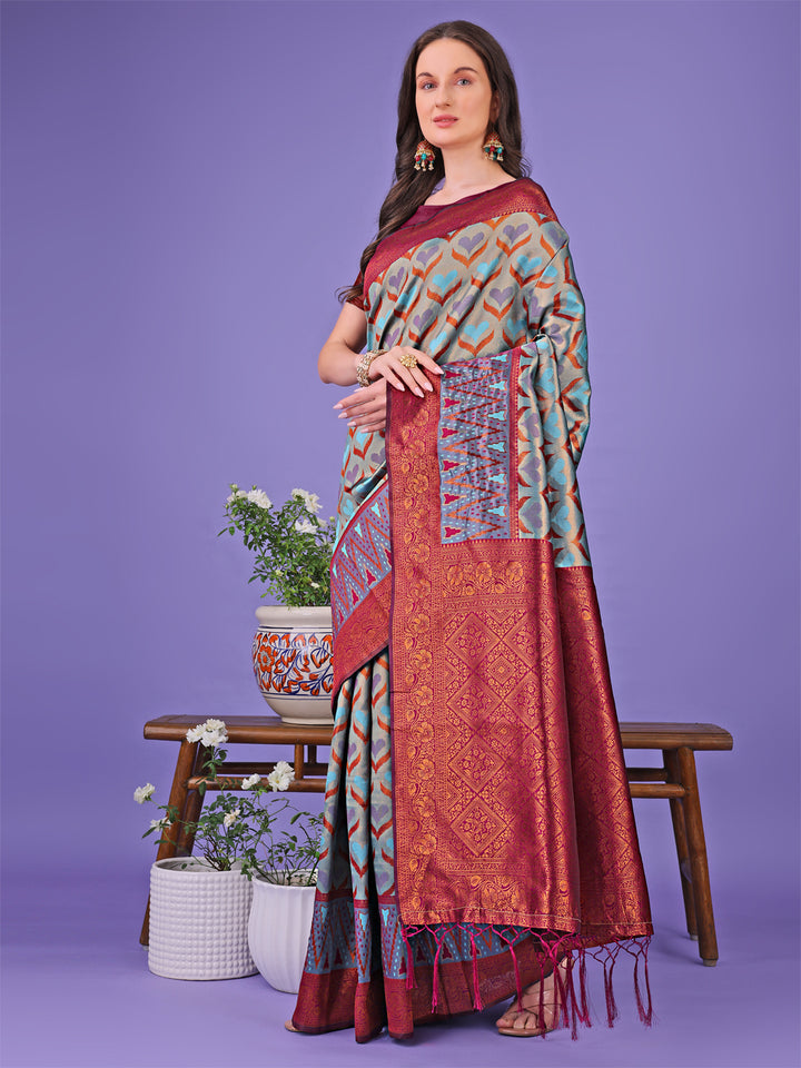 Grey Colour Lichi Silk Saree Weaving Work With Blouse Piece