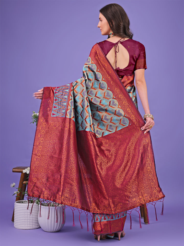 Grey Colour Lichi Silk Saree Weaving Work With Blouse Piece