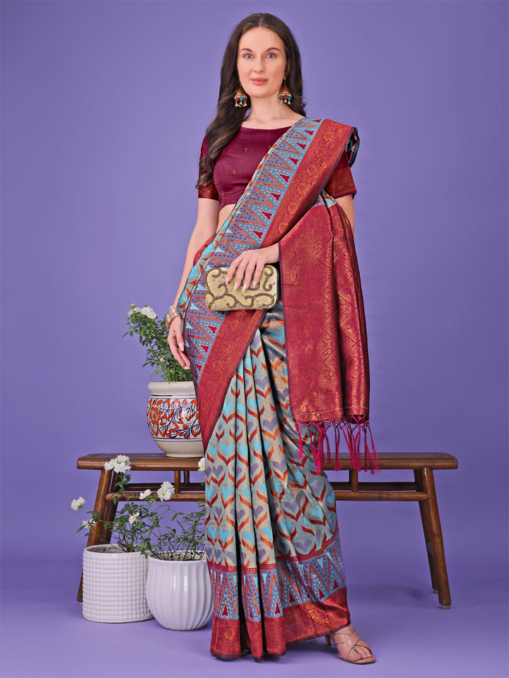 Grey Colour Lichi Silk Saree Weaving Work With Blouse Piece