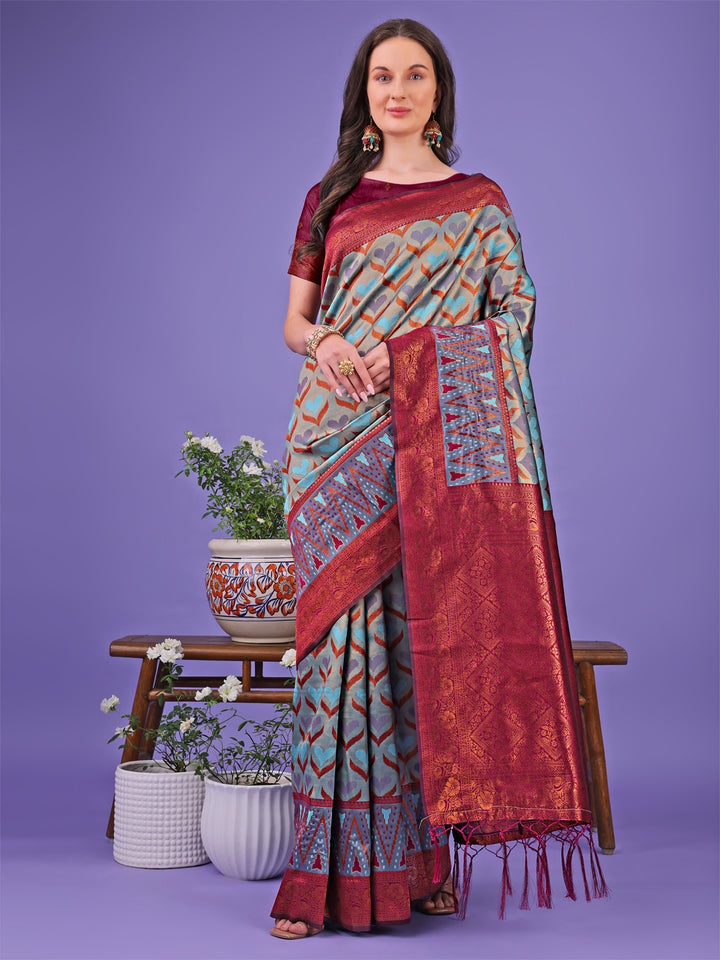 Grey Colour Lichi Silk Saree Weaving Work With Blouse Piece