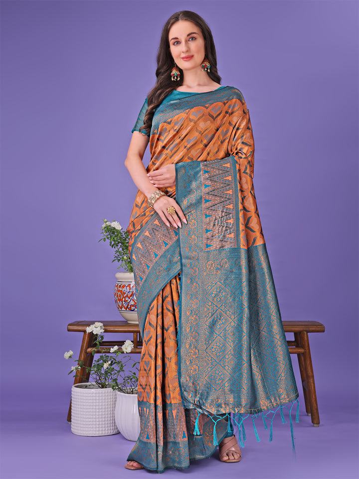 Peach Colour Lichi Silk Saree Weaving Work With Blouse Piece