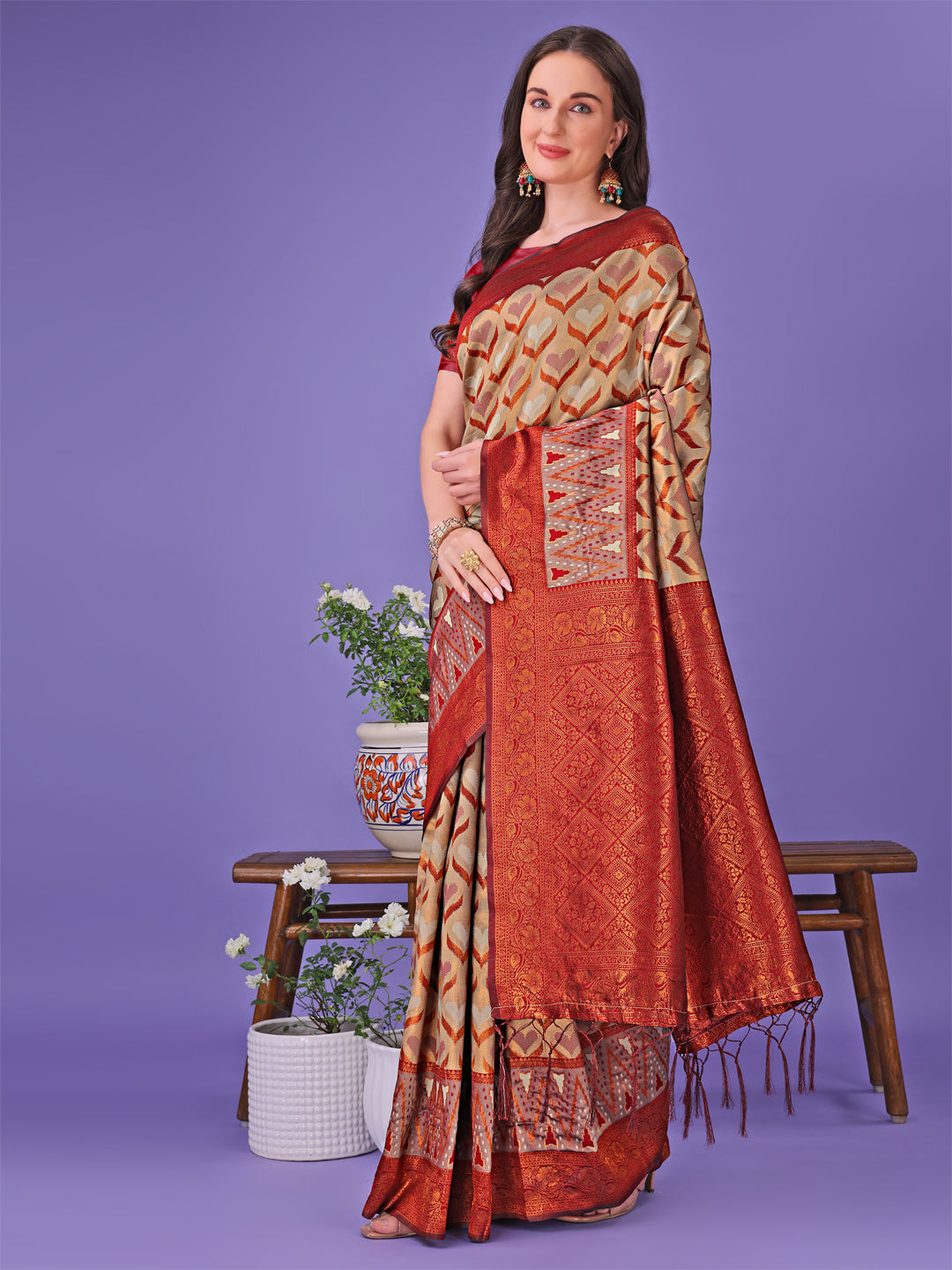 Cream Colour Lichi Silk Saree Weaving Work With Blouse Piece