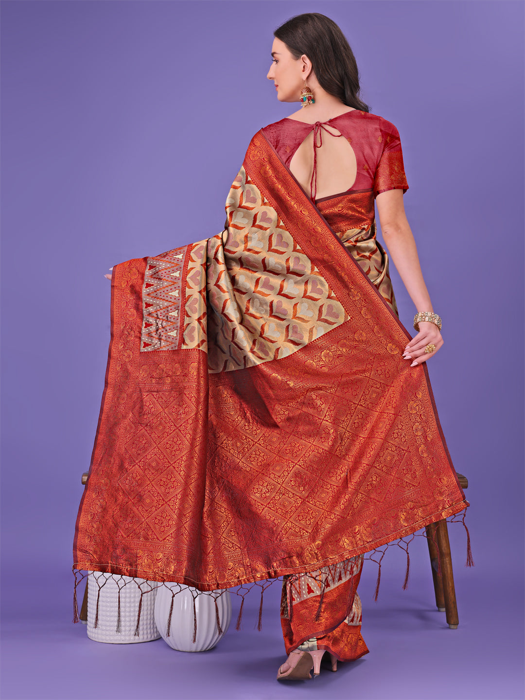 Cream Colour Lichi Silk Saree Weaving Work With Blouse Piece
