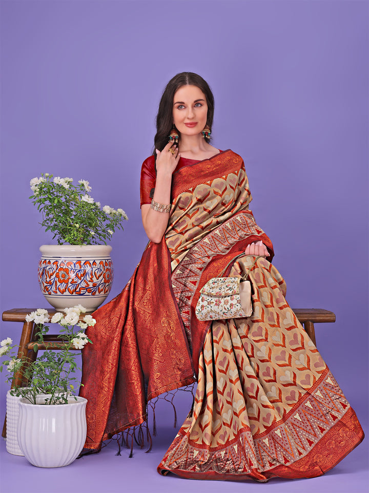 Cream Colour Lichi Silk Saree Weaving Work With Blouse Piece