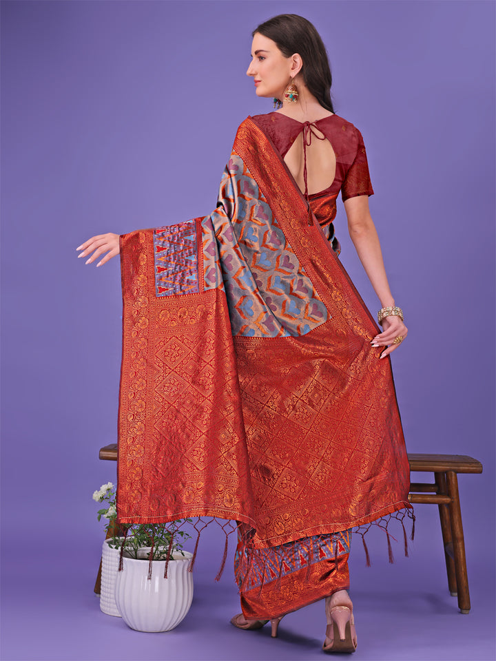Grey Colour Lichi Silk Saree Weaving Work With Blouse Piece