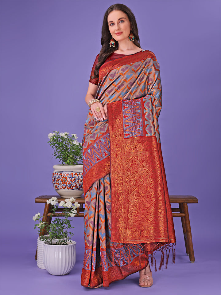 Grey Colour Lichi Silk Saree Weaving Work With Blouse Piece