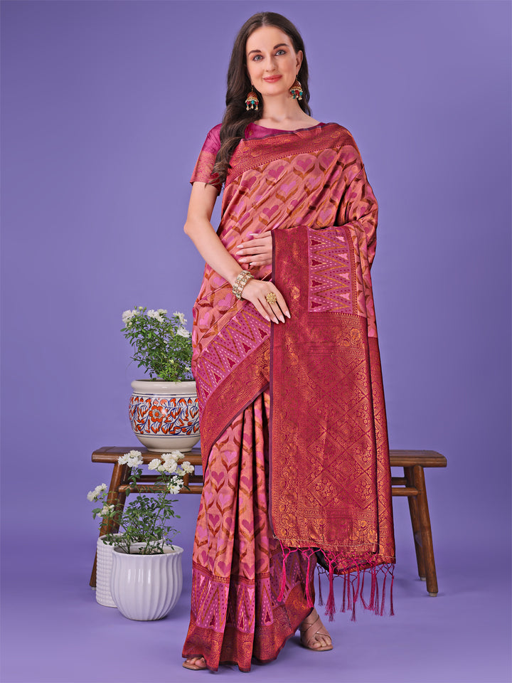 Pink Colour Lichi Silk Saree Weaving Work With Blouse Piece