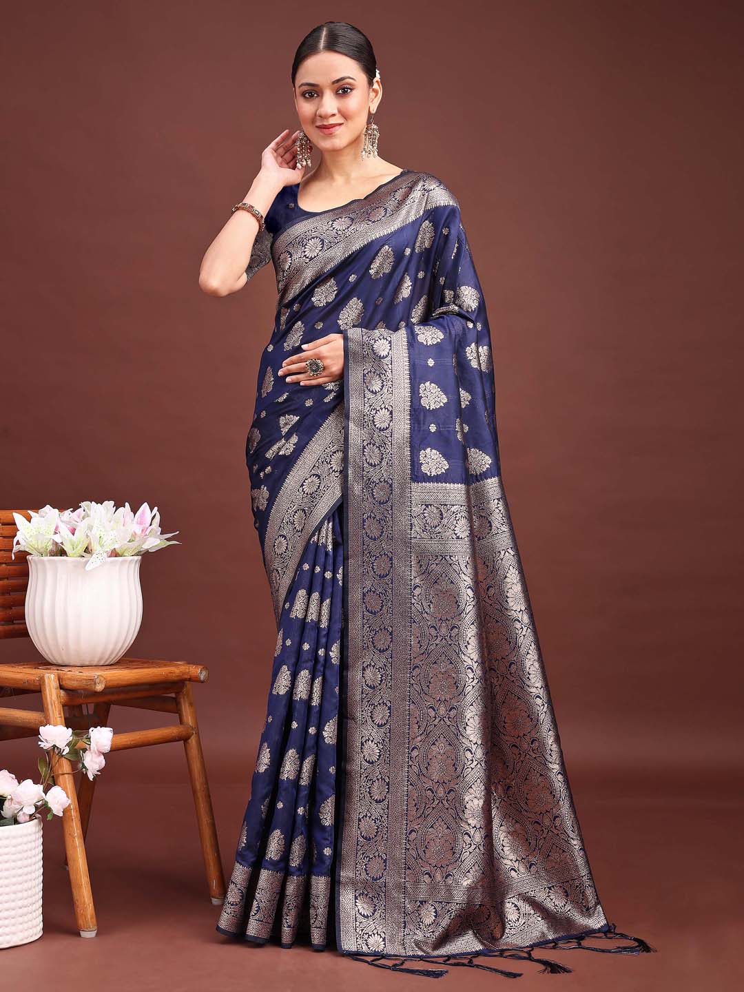 Navy Blue Colour Banarasi silk Weaving Work Saree With Blouse Piece