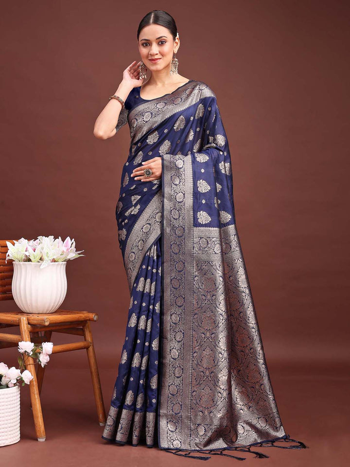 Navy Blue Colour Banarasi silk Weaving Work Saree With Blouse Piece