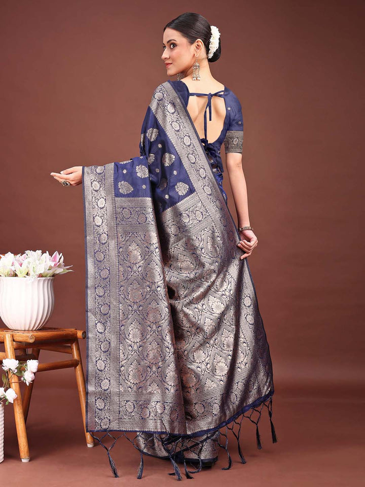 Navy Blue Colour Banarasi silk Weaving Work Saree With Blouse Piece