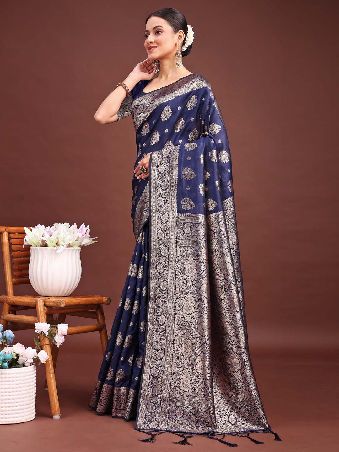 Navy Blue Colour Banarasi silk Weaving Work Saree With Blouse Piece