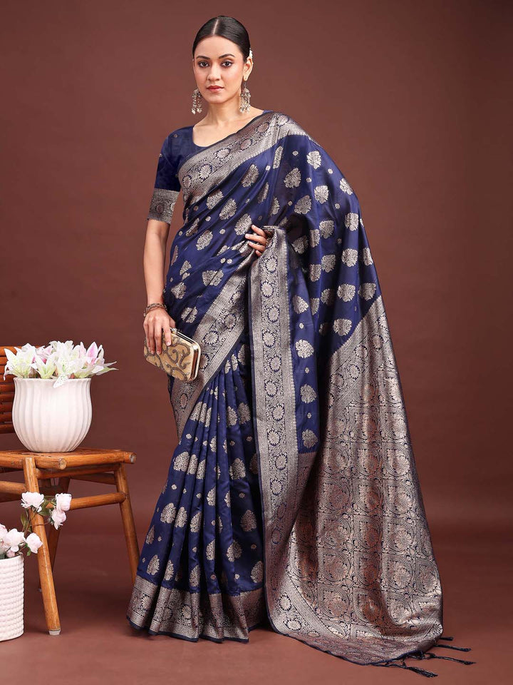 Navy Blue Colour Banarasi silk Weaving Work Saree With Blouse Piece