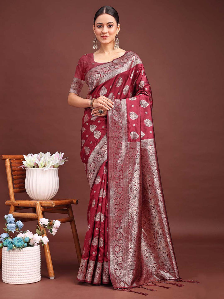 Maroon Colour Banarasi silk Weaving Work Saree With Blouse Piece