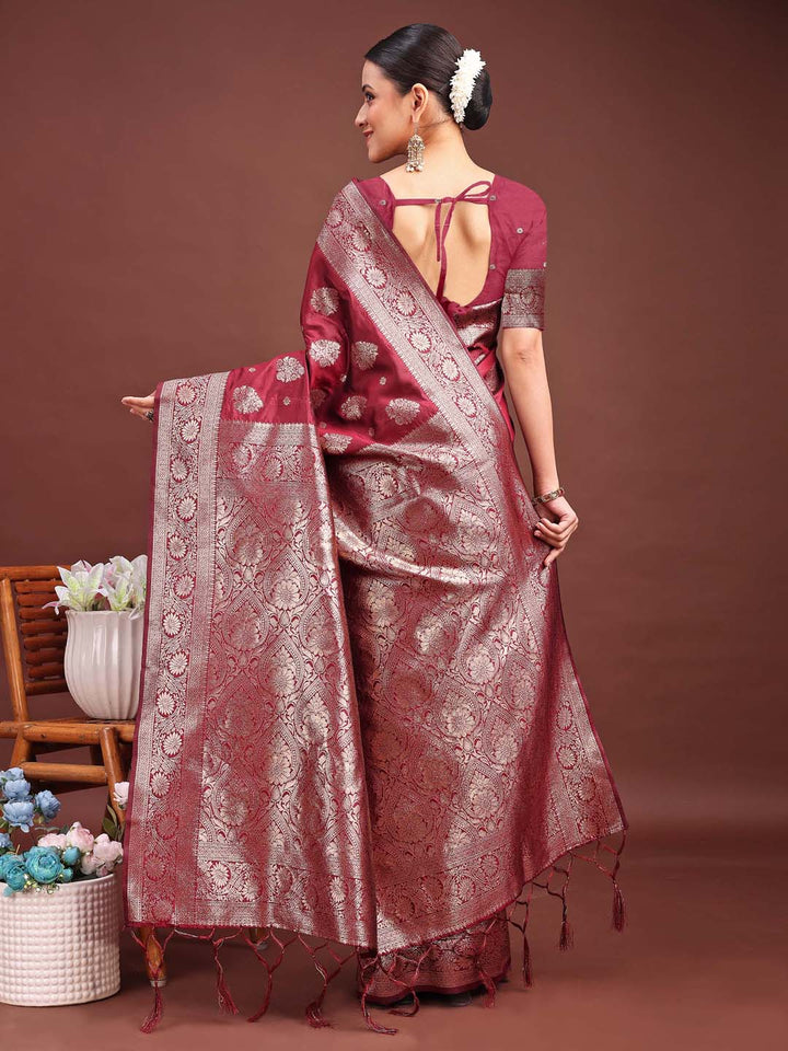 Maroon Colour Banarasi silk Weaving Work Saree With Blouse Piece