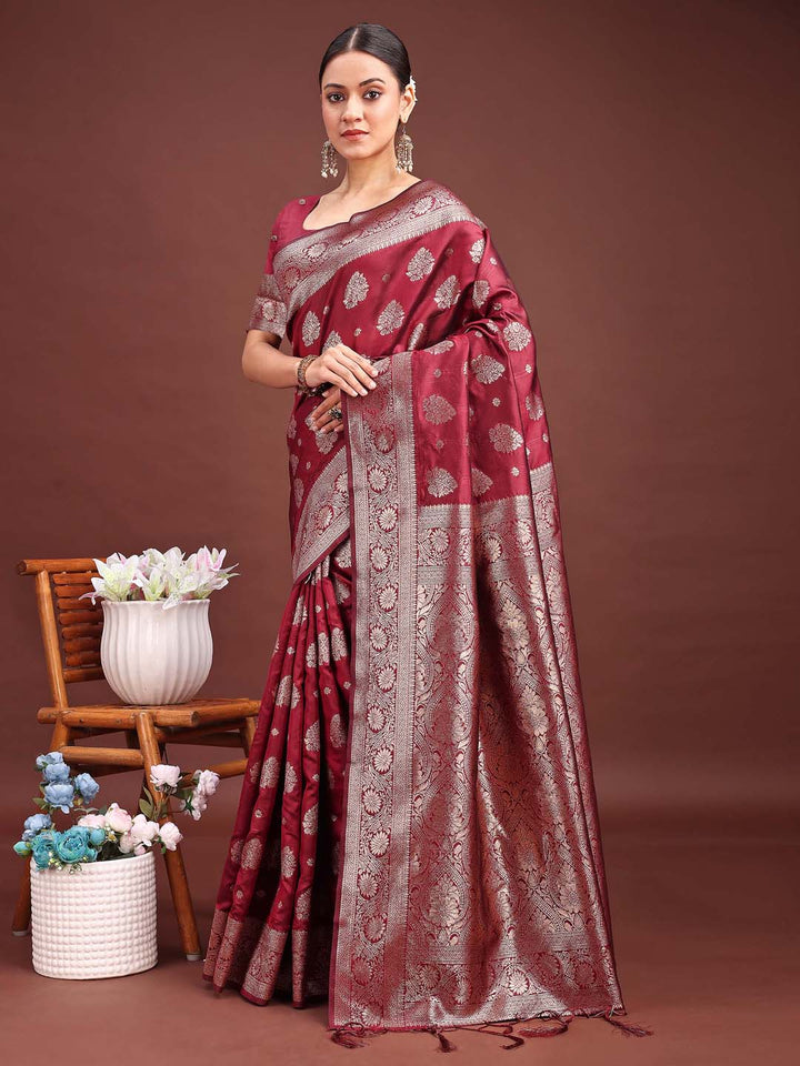Maroon Colour Banarasi silk Weaving Work Saree With Blouse Piece