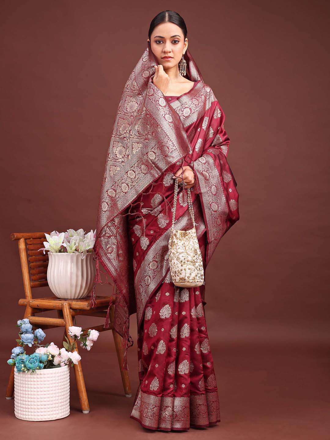 Maroon Colour Banarasi silk Weaving Work Saree With Blouse Piece
