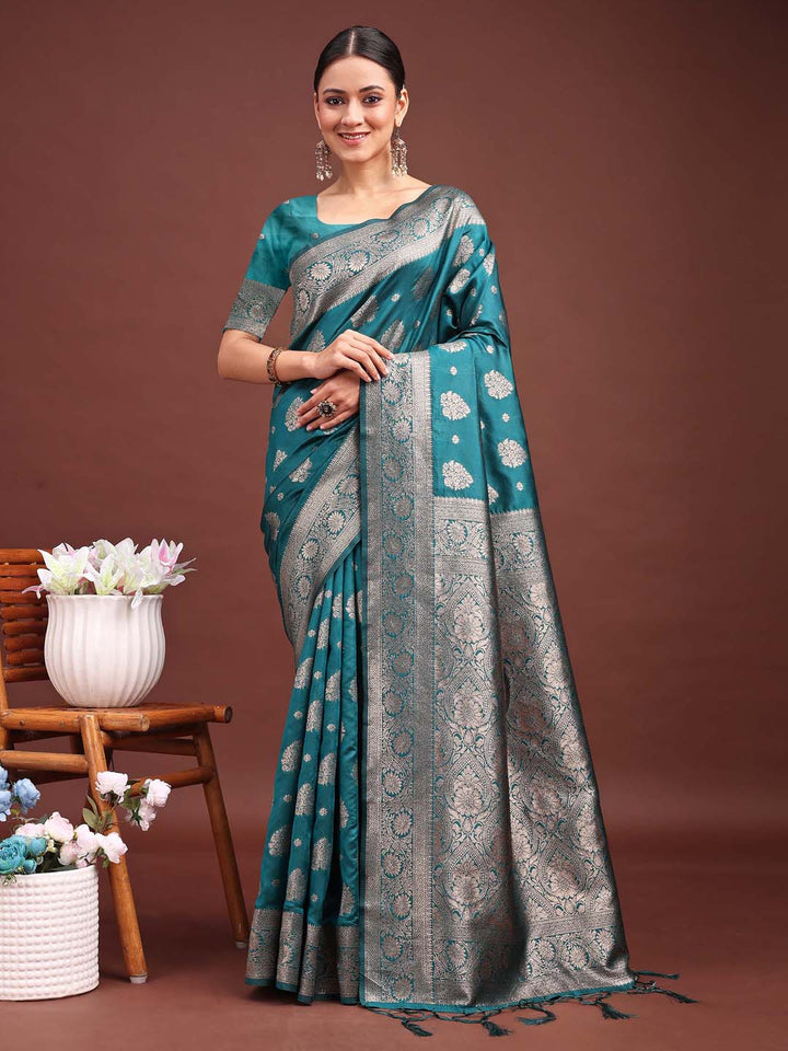 Sea Green Colour Banarasi silk Weaving Work Saree With Blouse Piece