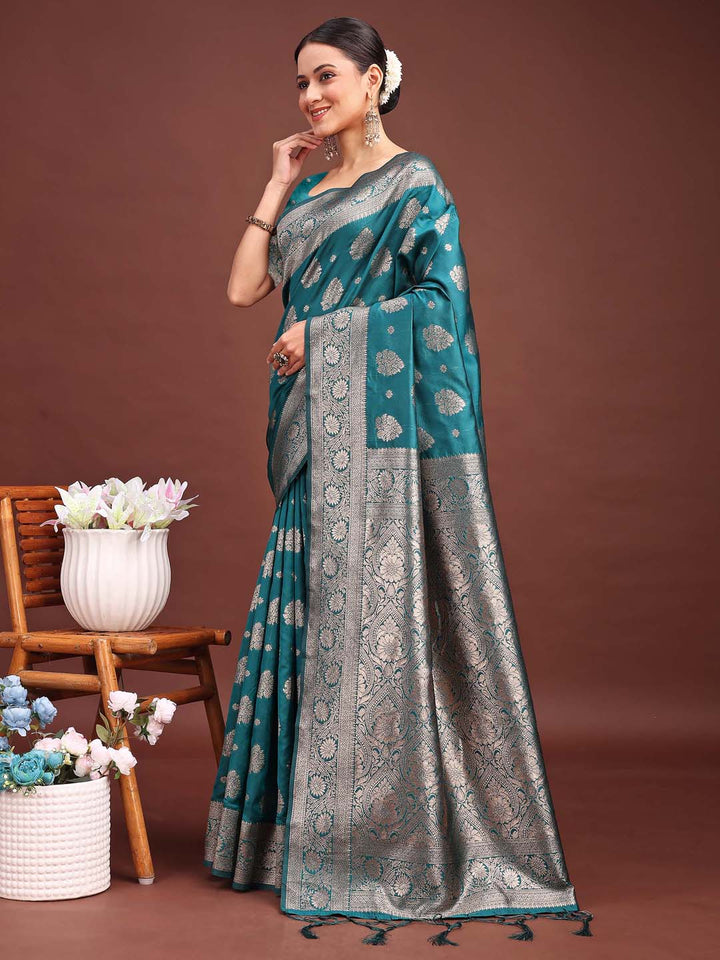 Sea Green Colour Banarasi silk Weaving Work Saree With Blouse Piece