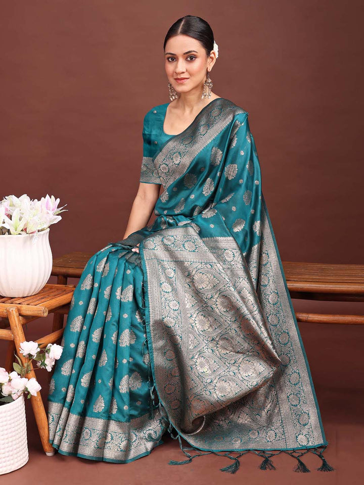 Sea Green Colour Banarasi silk Weaving Work Saree With Blouse Piece
