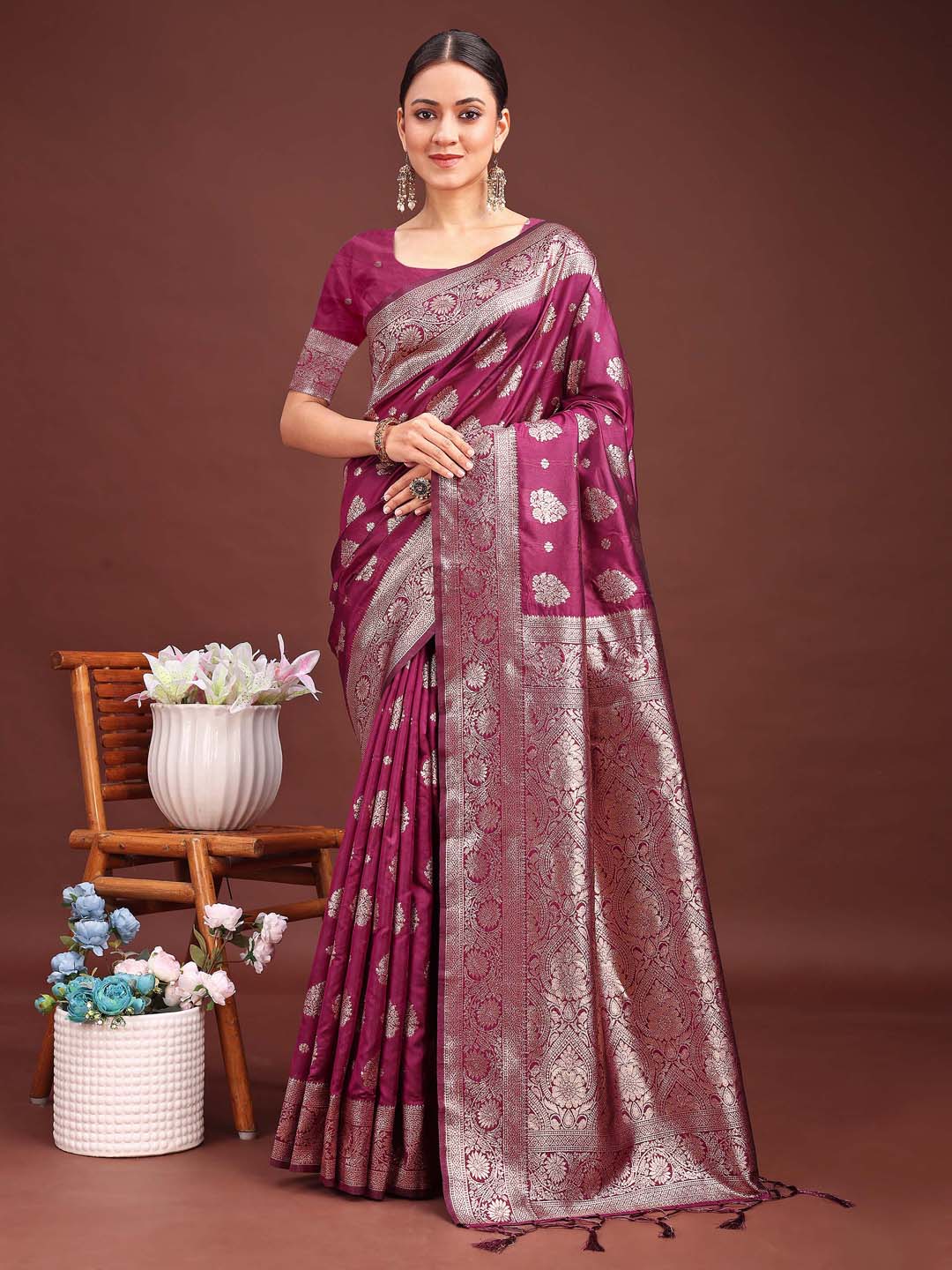 Purple Colour Banarasi silk Weaving Work Saree With Blouse Piece