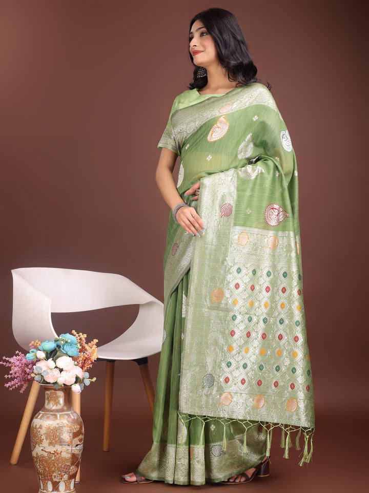 Light Green Colour Linen Cotton Saree Printed Work With Blouse Piece