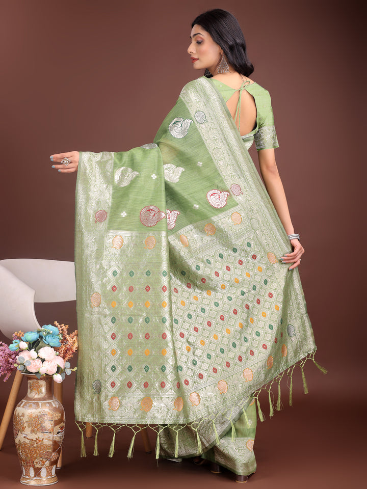 Light Green Colour Linen Cotton Saree Printed Work With Blouse Piece