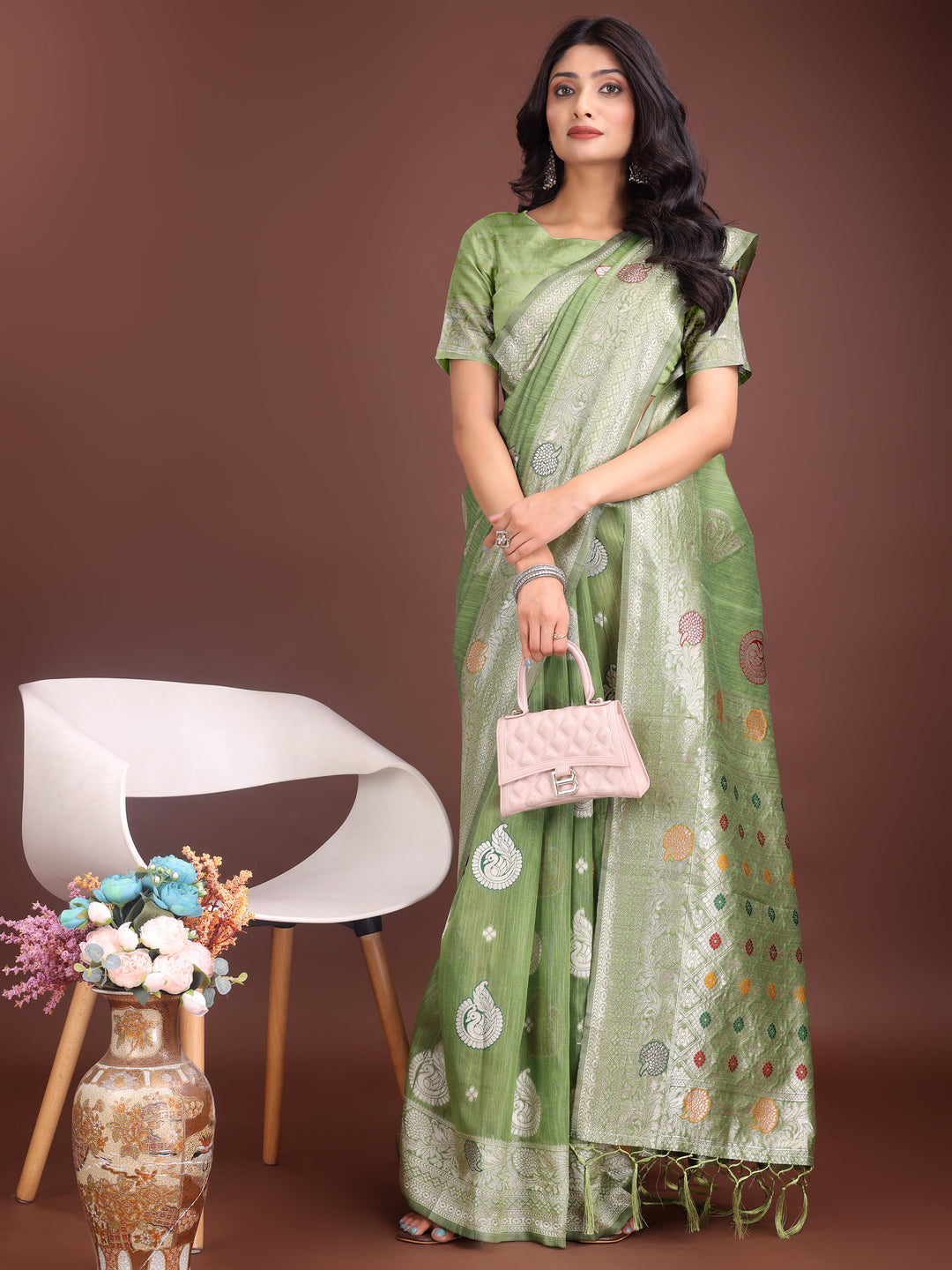 Light Green Colour Linen Cotton Saree Printed Work With Blouse Piece
