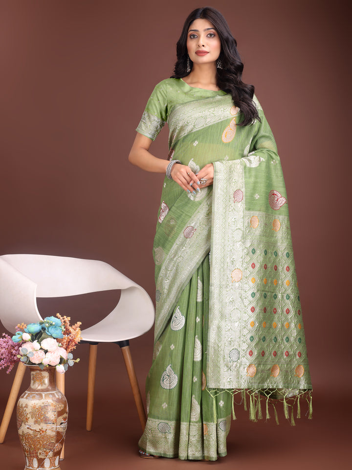 Light Green Colour Linen Cotton Saree Printed Work With Blouse Piece