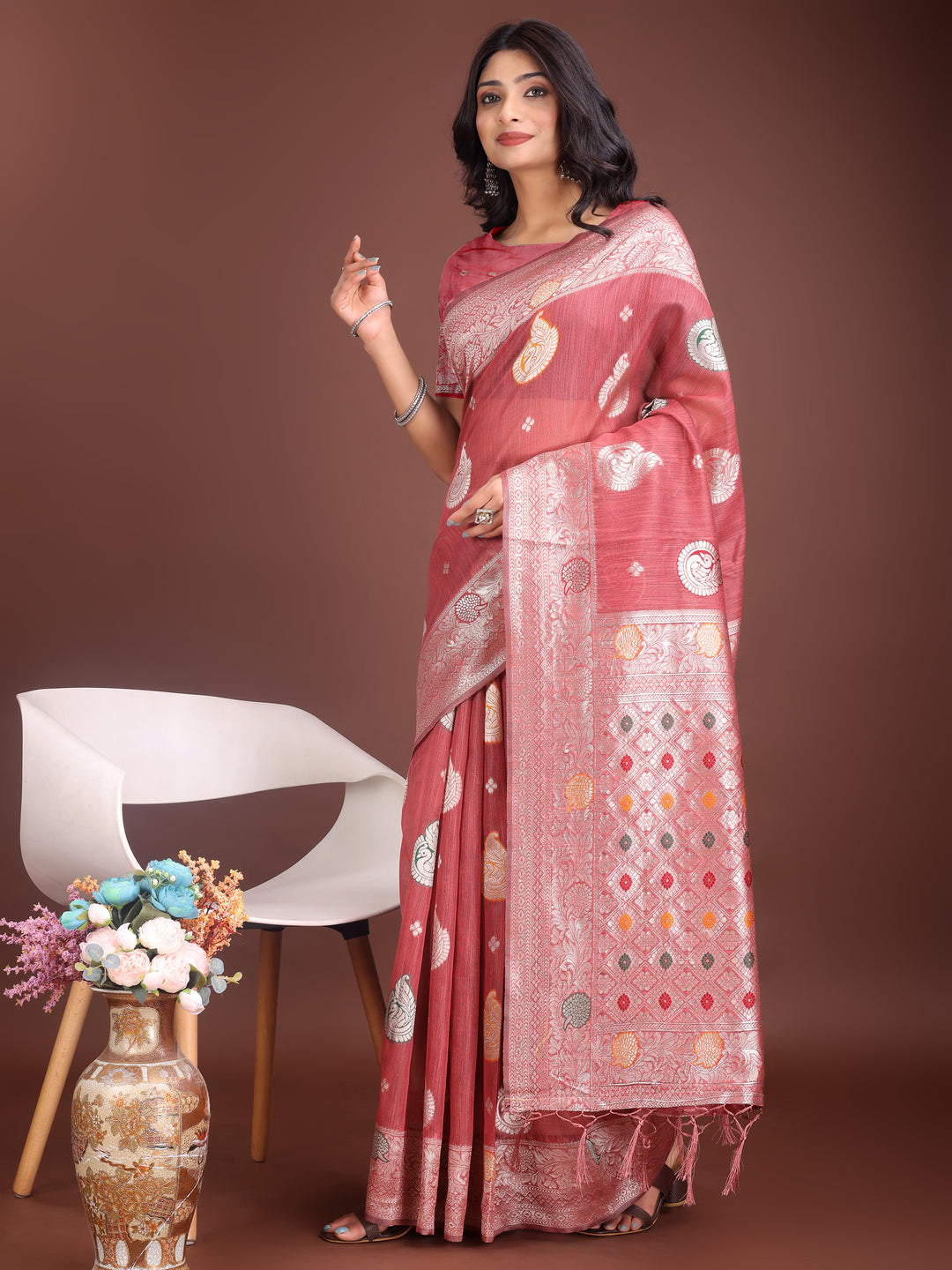 Pink Colour Linen Cotton Saree Printed Work With Blouse Piece
