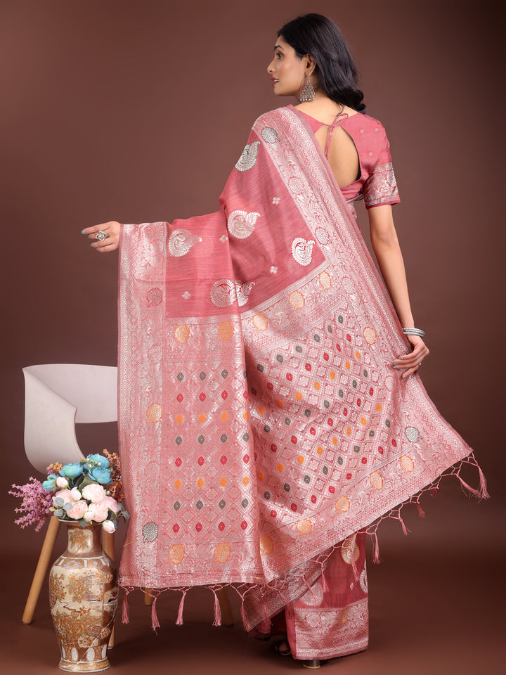 Pink Colour Linen Cotton Saree Printed Work With Blouse Piece