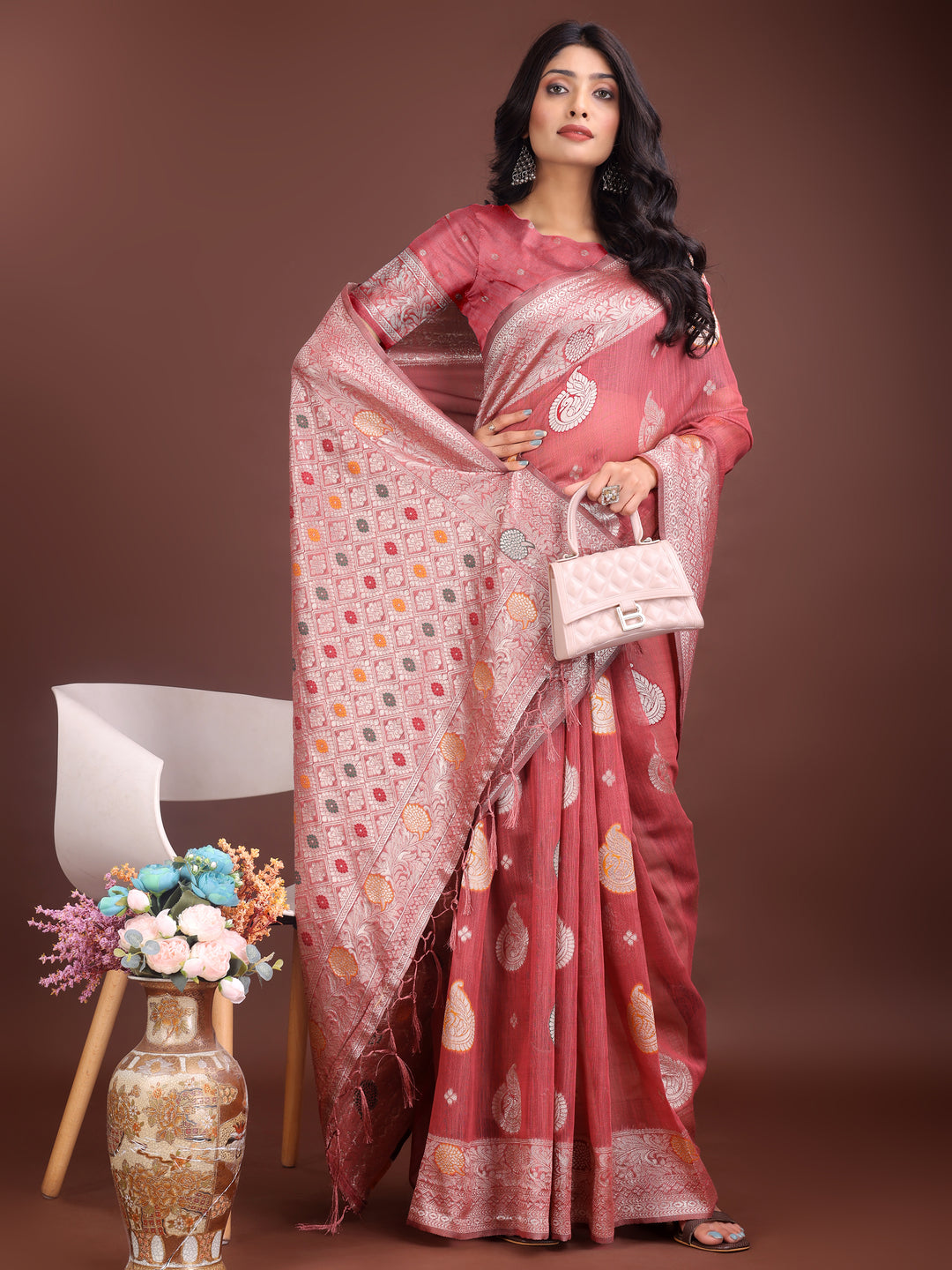Pink Colour Linen Cotton Saree Printed Work With Blouse Piece