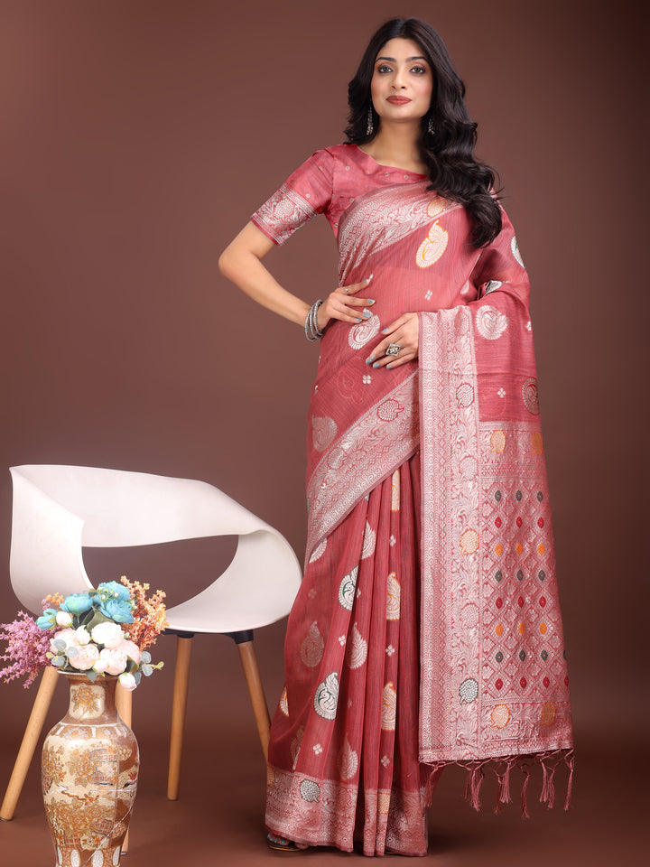 Pink Colour Linen Cotton Saree Printed Work With Blouse Piece